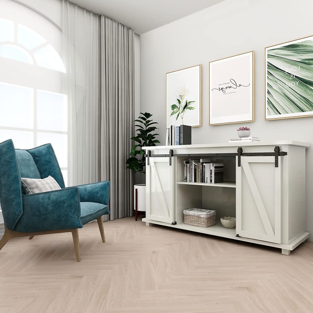 ETIASQSA 152cm/5FT Super Mini Sliding Barn Door Cabinet Hardware Kit for Double Door TV Stands Small Cabinets, J-Shaped Hanger