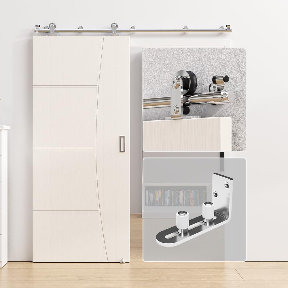 ETIASQSA 167 cm/5,5 FT per porta scorrevole, in acciaio inox, con guida a pavimento, per 1 porta in legno (forma a T