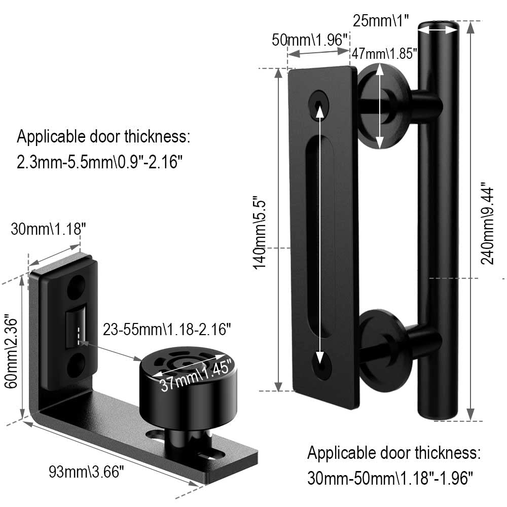 ETIASQSA 24CM Sliding Door Handle Double Sided Embedded Invisible Frosted Black Barn Door Handle and Sliding Barn Door Adjustable Floor Guide