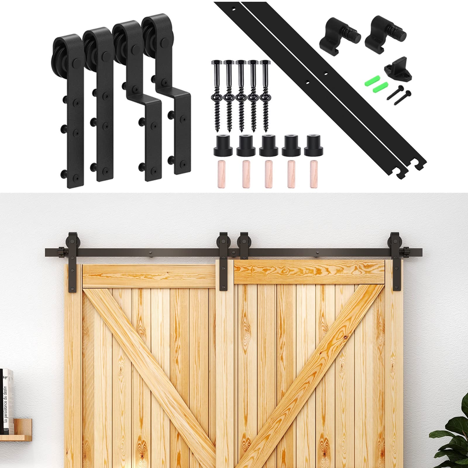 ETIASQSA 7.5FT/223CM Binario per Porta Scorrevole Kit per Coincide Doppia Porta Barn Bypass Sistema Nero Forma J