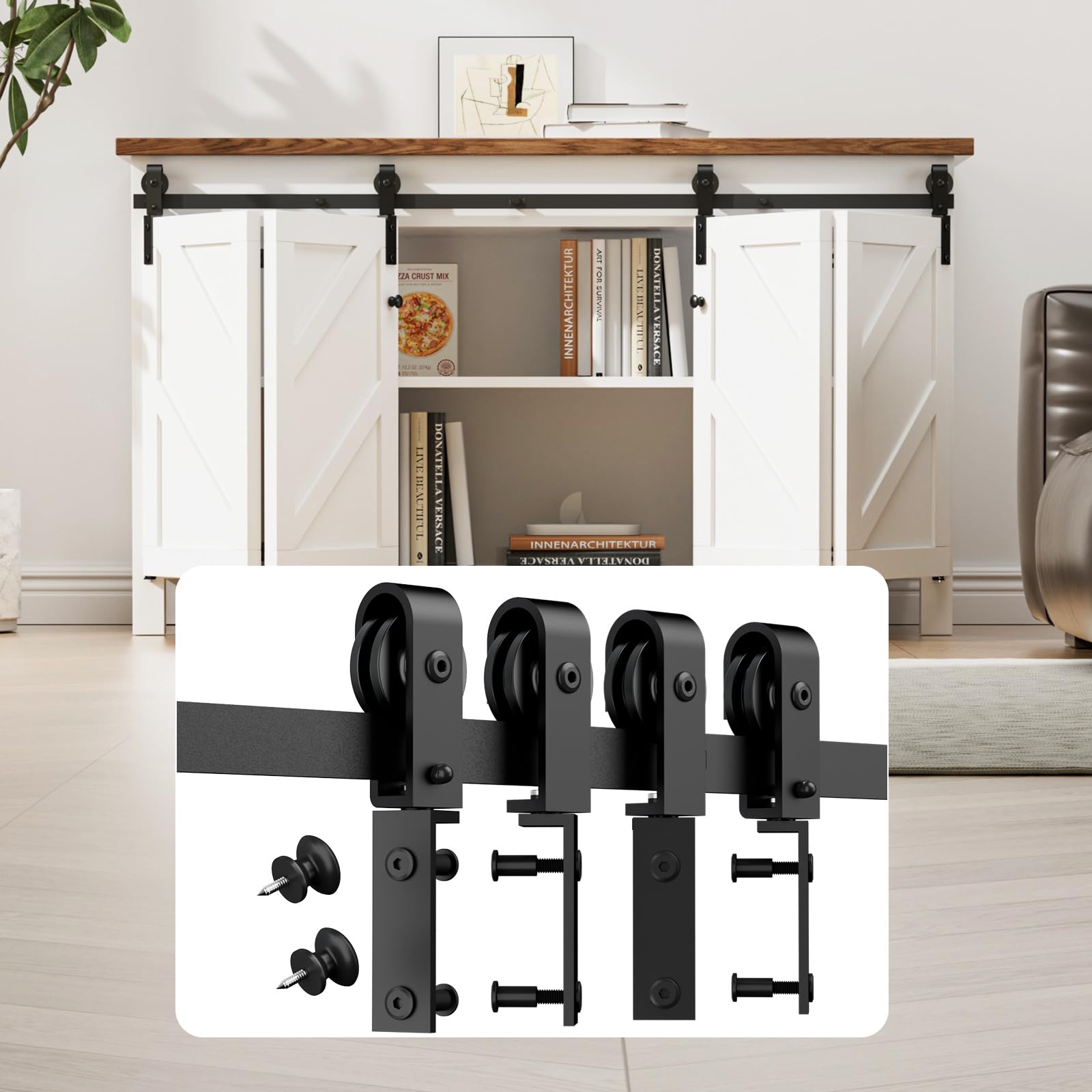 5FT/153CM Mini Schiebetürbeschlag, für Zweitürige Schrank, TV-Ständer, Kleiner Kleiderschrank, Falttür-Beschlagsatz (Keine Schranktüren)