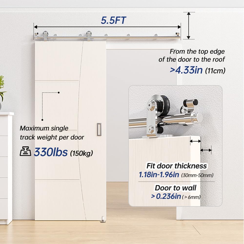 ETIASQSA 167CM/5.5FT Rail Sliding Barn Door Hardware Kit Stainless Steel Track Roller Accessory for Single Door(T)