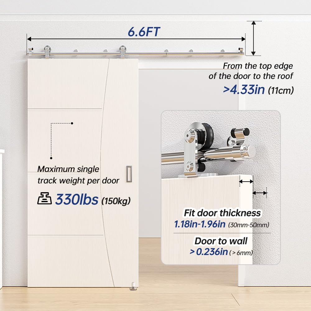 ETIASQSA 200CM/6.6FT Rail Sliding Barn Door Hardware Kit Stainless Steel Track Roller Accessory for Single Door(T)