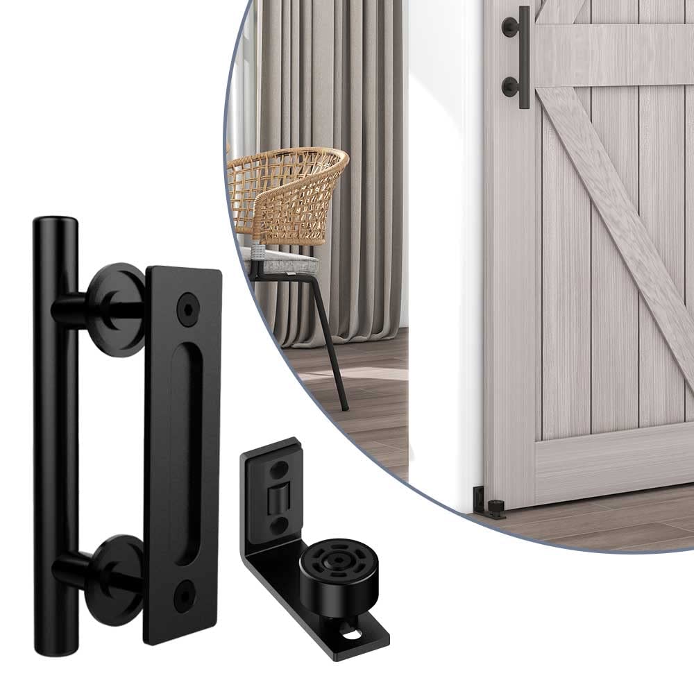 ETIASQSA 24CM Sliding Door Handle Double Sided Embedded Invisible Frosted Black Barn Door Handle and Sliding Barn Door Adjustable Floor Guide