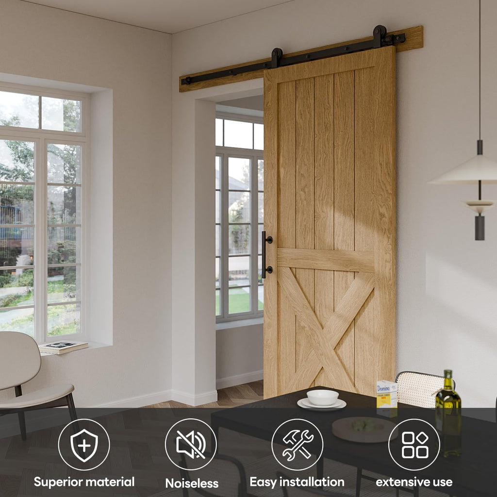 182CM/6FT Schiebetürbeschlag, Schiebetürsystem Komplettset Laufschiene Rollen Set für Sliding Door Schwarz Beinhaltet verstellbare Bodenführung und Türgriff
