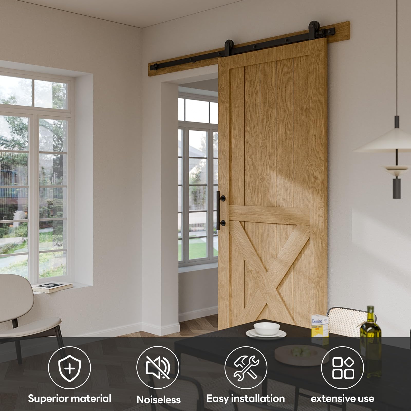 182CM/6FT Schiebetürbeschlag, Schiebetürsystem Komplettset Laufschiene Rollen Set für Sliding Door Schwarz Beinhaltet verstellbare Bodenführung und Türgriff