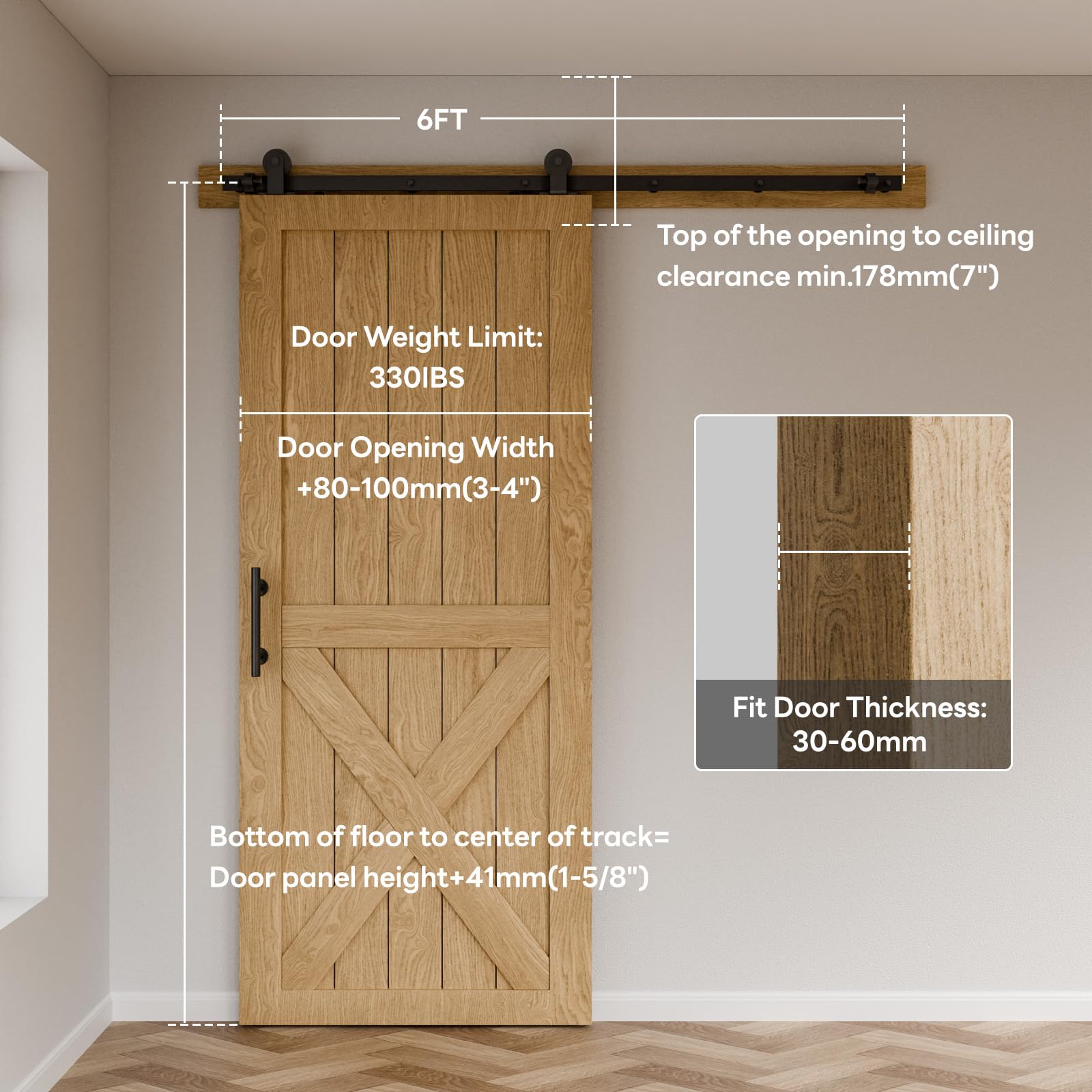 182CM/6FT Schiebetürbeschlag, Schiebetürsystem Komplettset Laufschiene Rollen Set für Sliding Door Schwarz Beinhaltet verstellbare Bodenführung und Türgriff