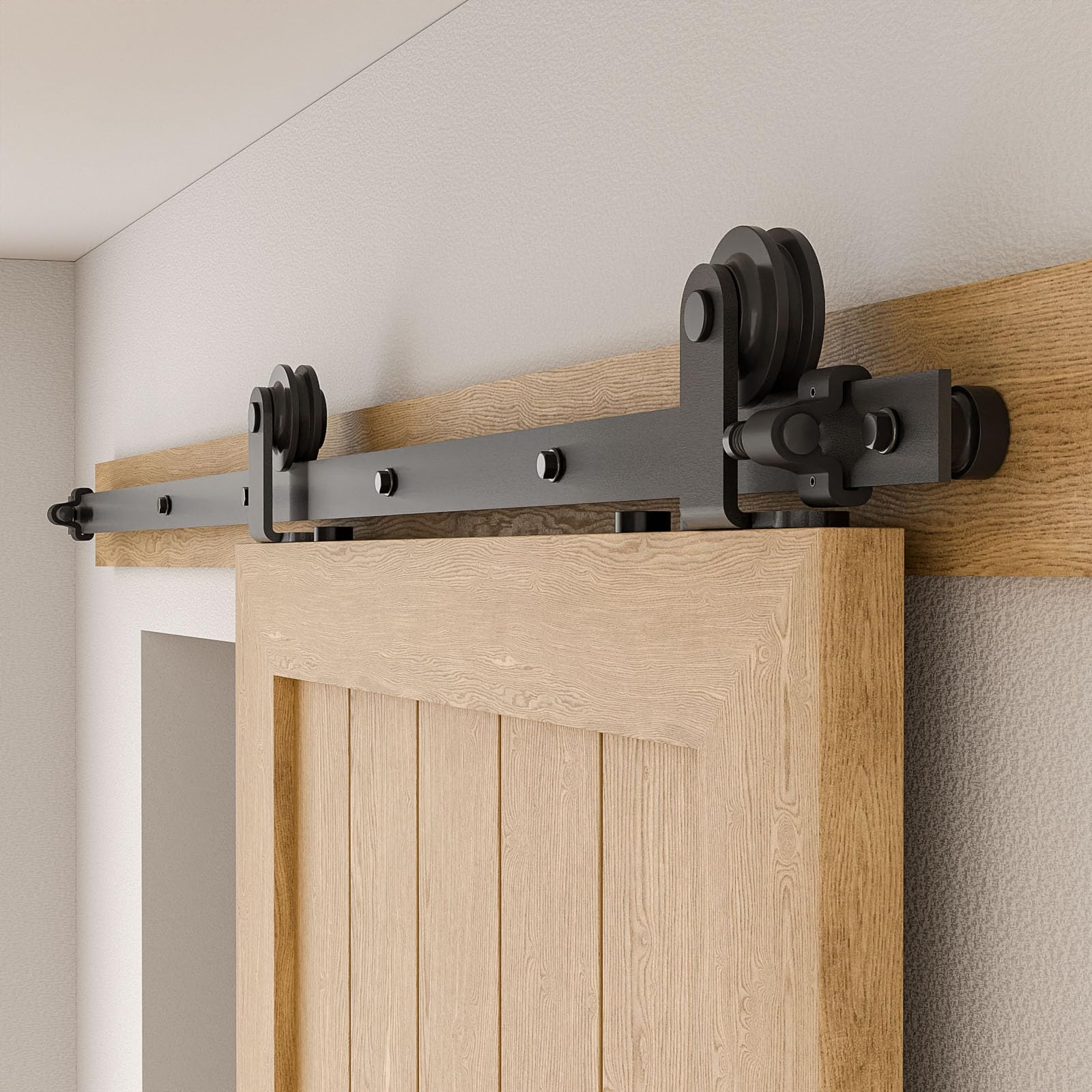 182CM/6FT Schiebetürbeschlag, Schiebetürsystem Komplettset Laufschiene Rollen Set für Sliding Door Schwarz Beinhaltet verstellbare Bodenführung und Türgriff