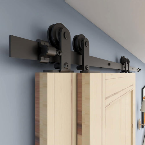 Bypass Schiebetürbeschlag Doppeltür 152CM/5FT Schiebetürsystem Gleitschiene Lamellentür Schiebetür schiene Komplettset für 2 Holztür Tore T Shape Schwarz
