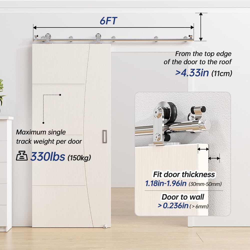 ETIASQSA 183CM/6FT Rail Sliding Barn Door Hardware Kit Stainless Steel Track Roller Accessory for Single Door(T)