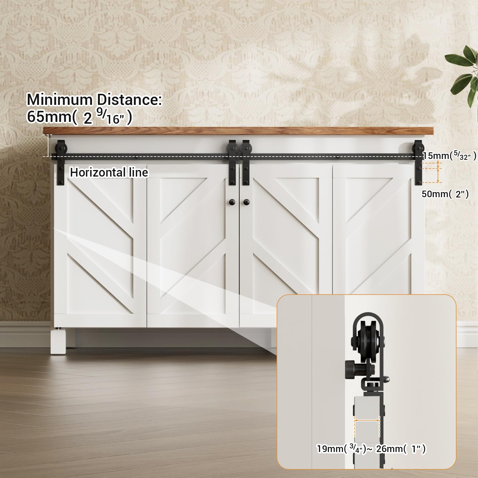 5FT/153CM Mini Schiebetürbeschlag, für Zweitürige Schrank, TV-Ständer, Kleiner Kleiderschrank, Falttür-Beschlagsatz (Keine Schranktüren)