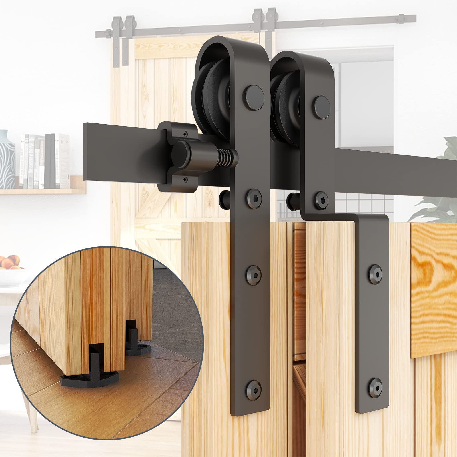 ETIASQSA 8FT/244CM Binario per Porta Scorrevole Kit per Coincide Doppia Porta Barn Bypass Sistema Nero Forma J