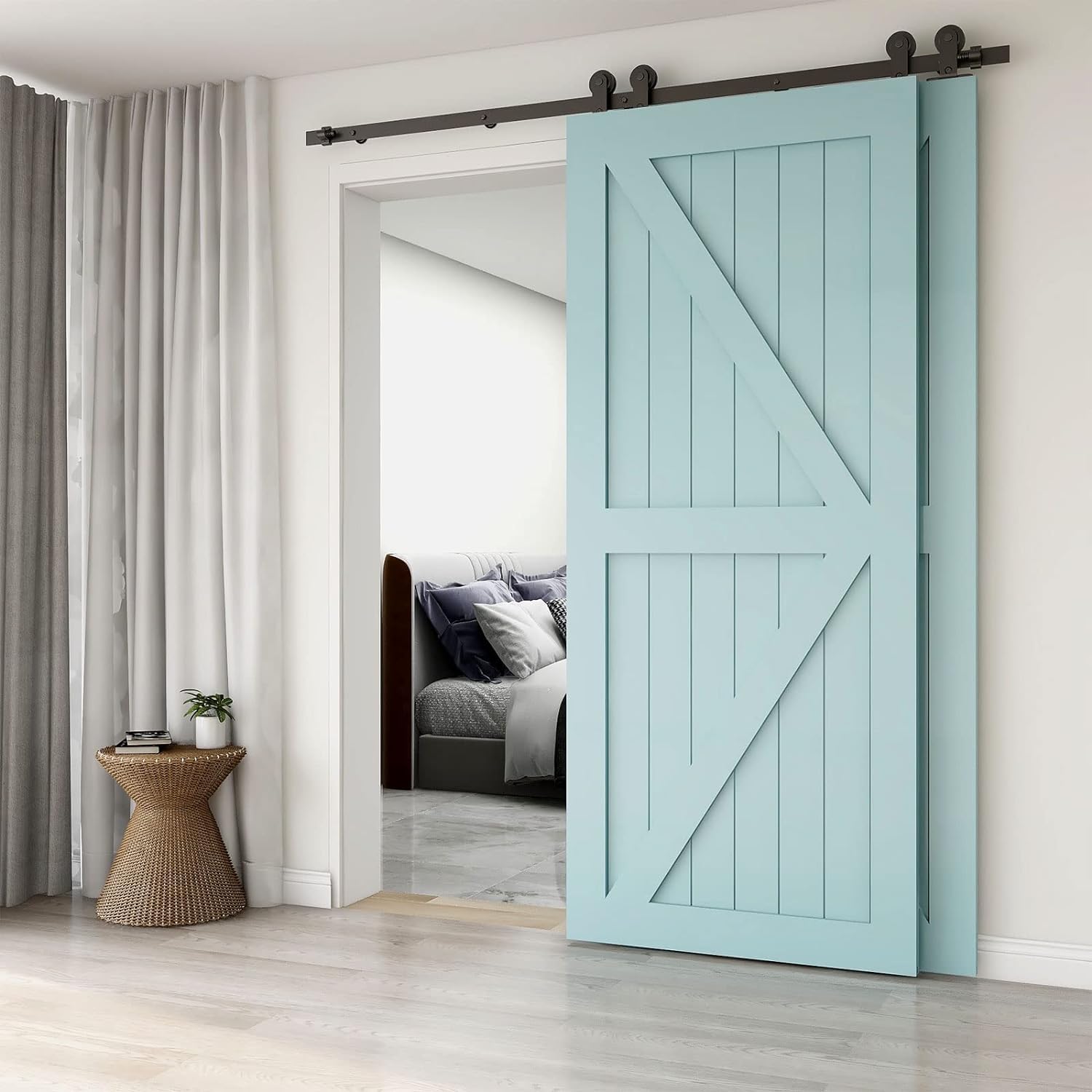 ETIASQSA 5FT/152CM Binario per Porta Scorrevole Kit per Coincide Doppia Porta Barn Bypass Sistema Nero Forma T