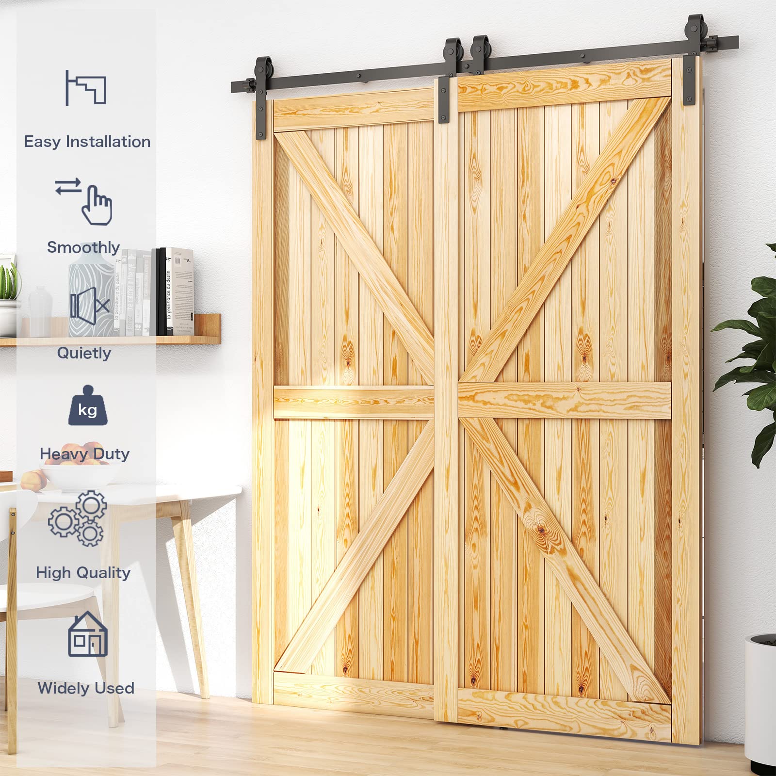 ETIASQSA 8FT/244CM Binario per Porta Scorrevole Kit per Coincide Doppia Porta Barn Bypass Sistema Nero Forma J