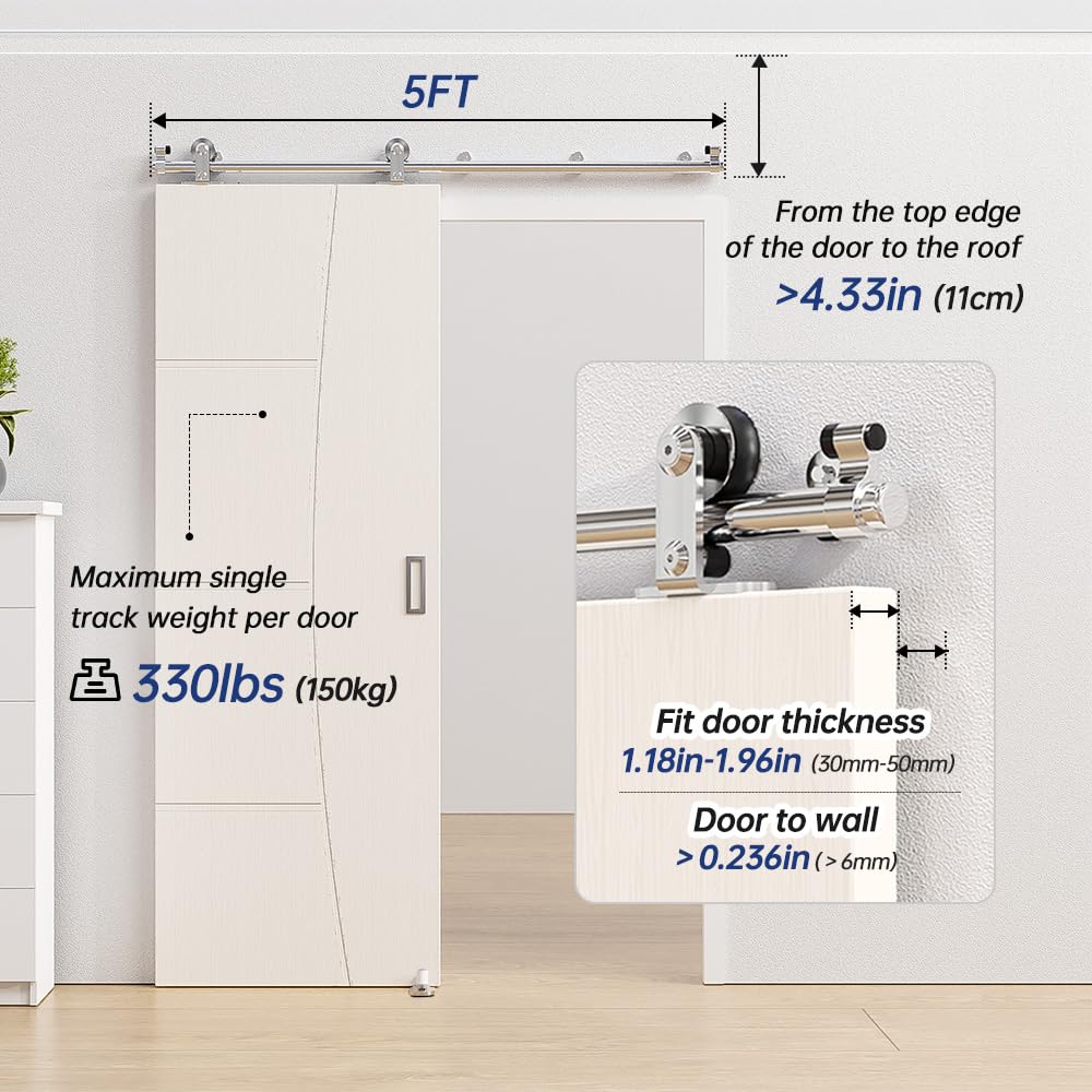 ETIASQSA 152CM/5FT Rail Sliding Barn Door Hardware Kit Stainless Steel Track Roller Accessory for Single Door(T)