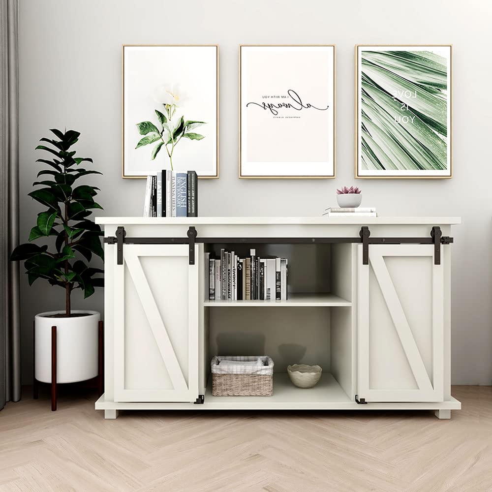 ETIASQSA 152cm/5FT Super Mini Sliding Barn Door Cabinet Hardware Kit for Double Door TV Stands Small Cabinets, J-Shaped Hanger