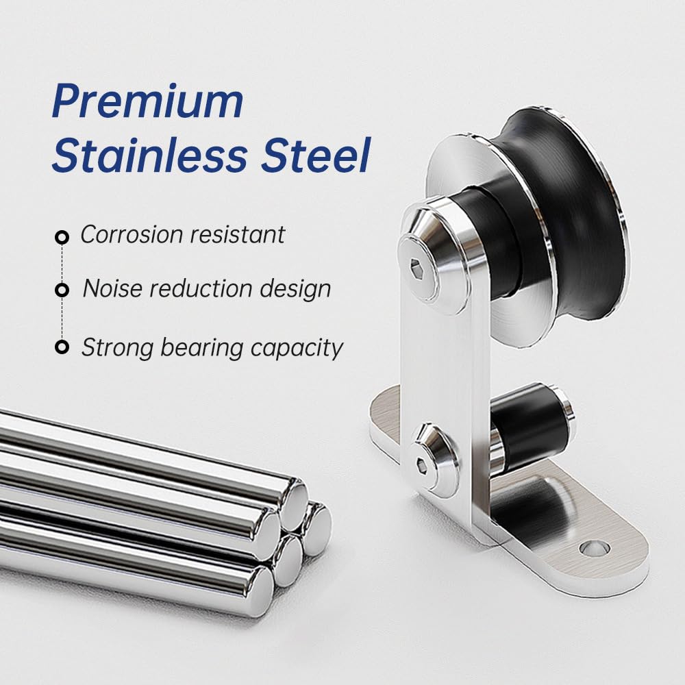 ETIASQSA 152CM/5FT Rail Sliding Barn Door Hardware Kit Stainless Steel Track Roller Accessory for Single Door(T)