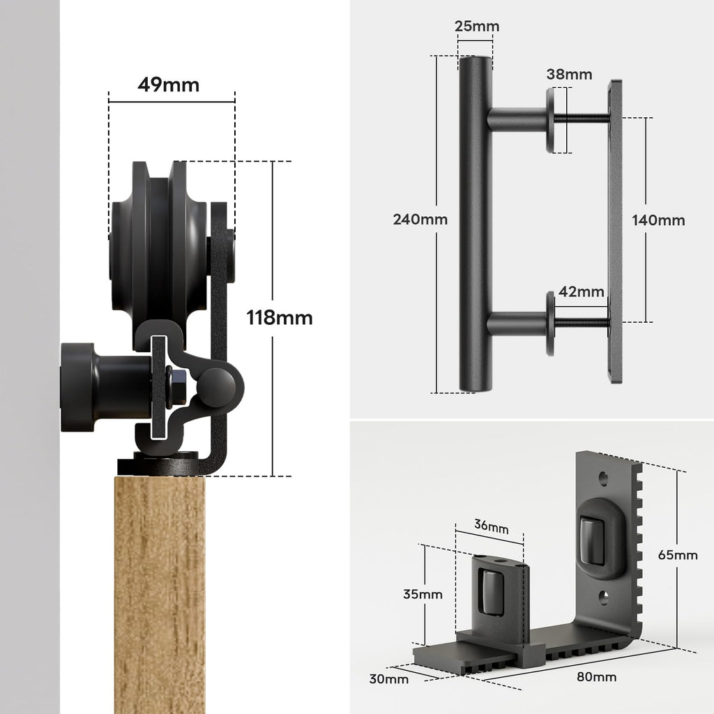 ETIASQSA 200 cm / 6.6 ft Modern Black Sliding Door System, Complete Set with Aluminium Rail, Wheels, Adjustable Floor Guide, Suitable for Various Rooms